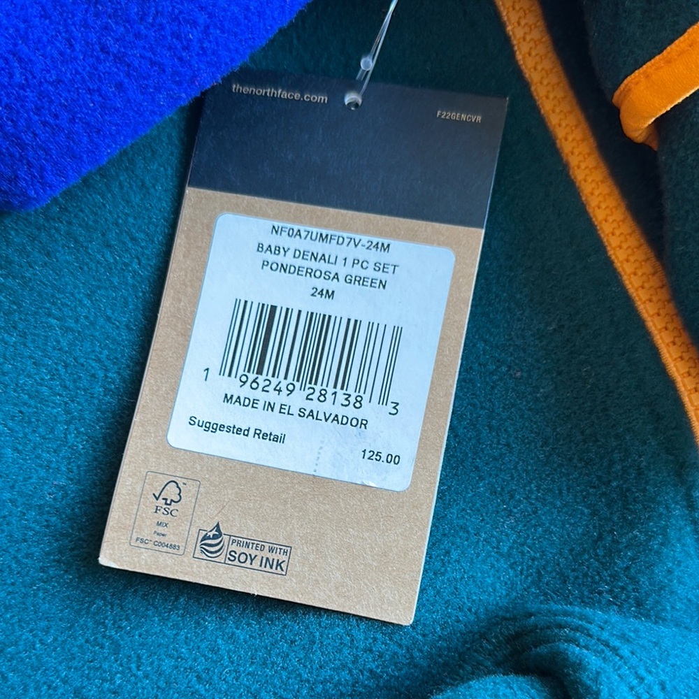 The North Face Denali Green and Blue Footies One Piece with Color-Block Design - Picture 2 of 5
